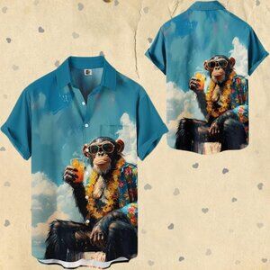 Retro Monkey Hawaiian Shirt: Funny Chimpanzee Poker Art, Aloha Vacation Shirt